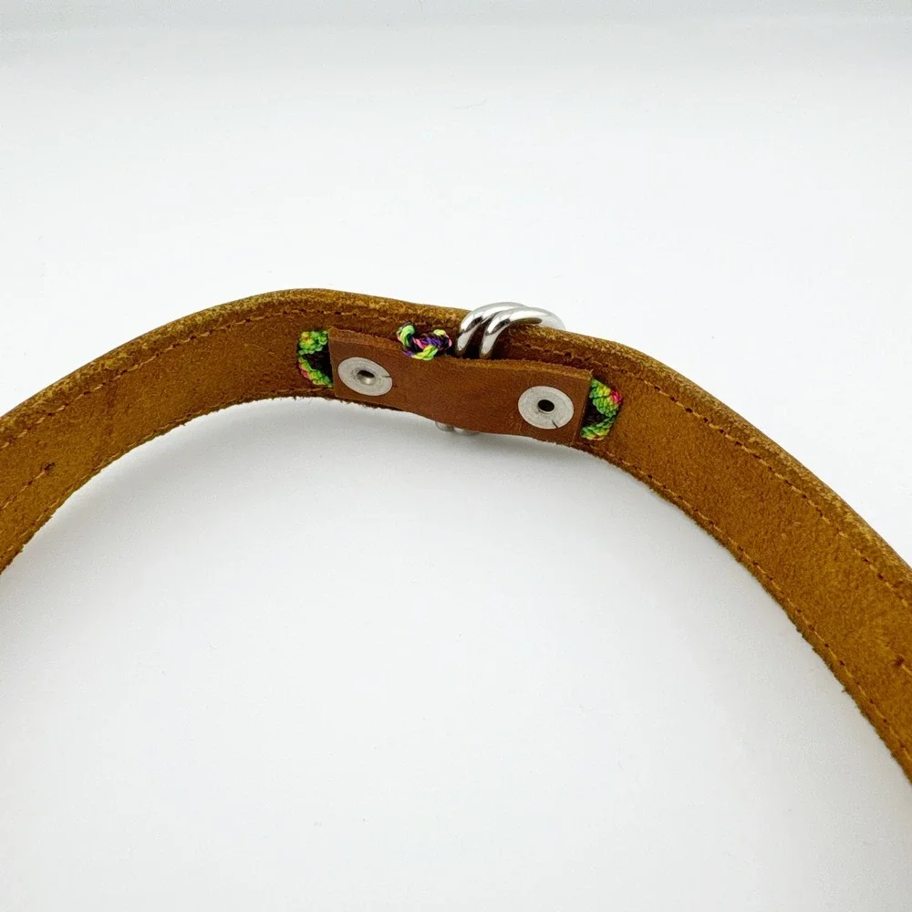 Genuine Leather Dog Collar‎ Woven Aztec Pattern Adjustable Metal Buckle D Ring